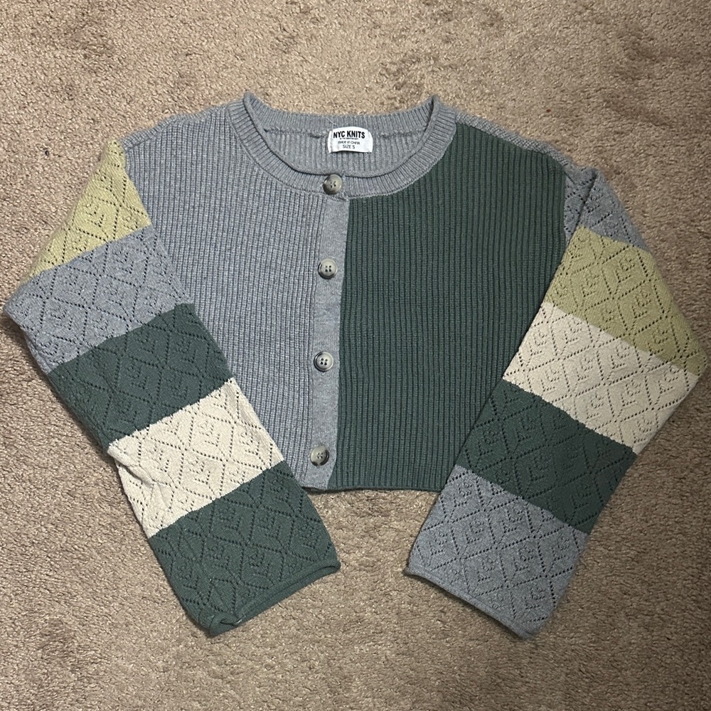 Patchwork Cardigan Sweater - Green and Gray